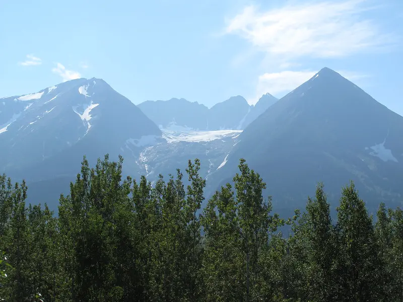 Mountain view with blue sky and green trees in the foreground