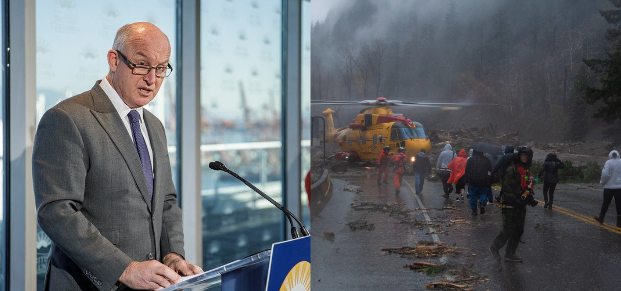 Side by side image of Mike Farnworth at press conference and helicopter evacuations in yellow helicopter with people being helped on.